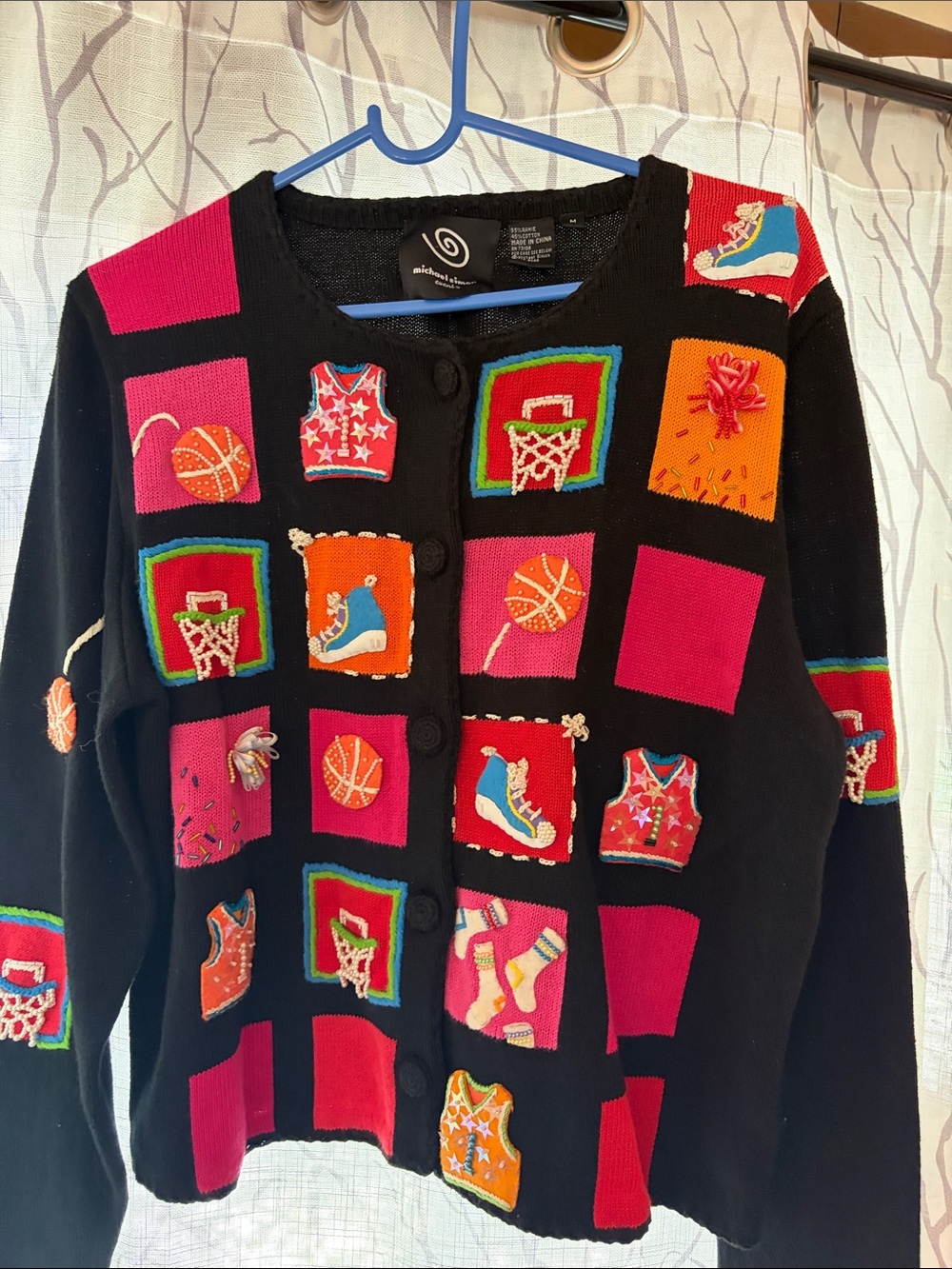 Michael Simon Whimsical Basketball Patchwork Cardigan Sweater - Black & Pink